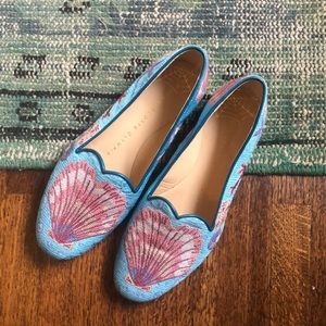 Charlotte Olympia Women Blue Seashell Wish You Were Here Embro Slipper Loafer 35